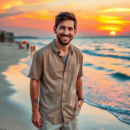 A hyper-realistic depiction of Lionel Messi standing on a beautiful beach during sunset