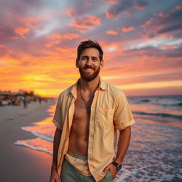 A hyper-realistic depiction of Lionel Messi standing on a beautiful beach during sunset