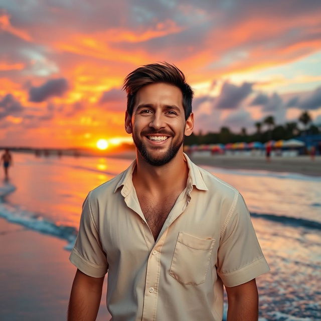 A hyper-realistic depiction of Lionel Messi standing on a beautiful beach during sunset