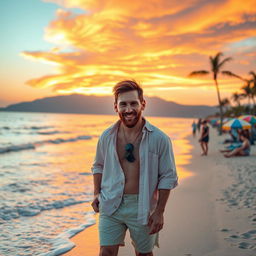A hyper-realistic depiction of Lionel Messi standing on a beautiful beach during sunset