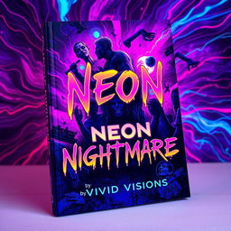 A captivating book cover design for "Neon Nightmares" by Vivid Visions, showcasing a fusion of psychological horror and abstract art