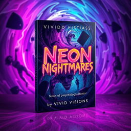 A captivating book cover design for "Neon Nightmares" by Vivid Visions, showcasing a fusion of psychological horror and abstract art