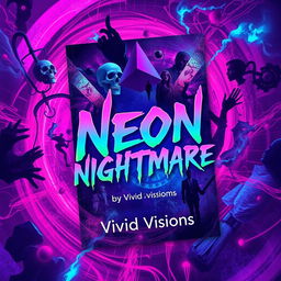 A captivating book cover design for "Neon Nightmares" by Vivid Visions, showcasing a fusion of psychological horror and abstract art