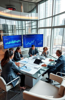 A modern and sleek commercial real estate office setting, featuring a diverse team of professionals engaged in a discussion around a large table with blueprints and digital screens displaying graphs and data