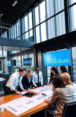 A modern and sleek commercial real estate office setting, featuring a diverse team of professionals engaged in a discussion around a large table with blueprints and digital screens displaying graphs and data