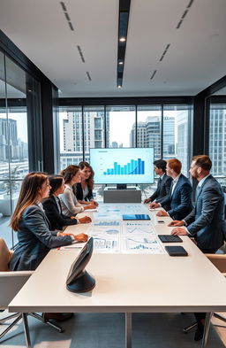 A modern and sleek commercial real estate office setting, featuring a diverse team of professionals engaged in a discussion around a large table with blueprints and digital screens displaying graphs and data