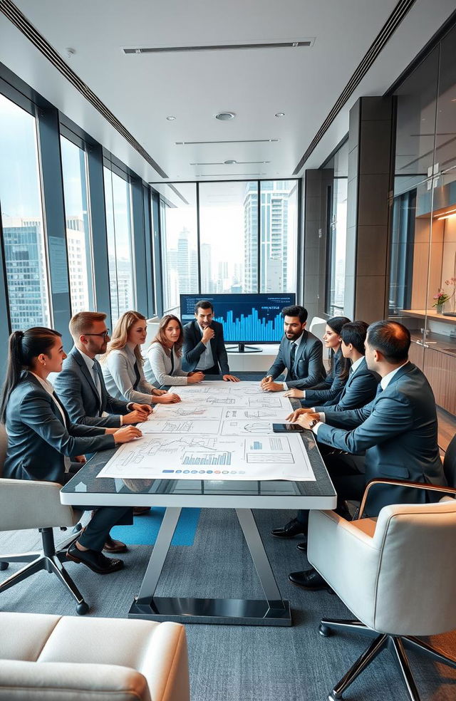 A modern and sleek commercial real estate office setting, featuring a diverse team of professionals engaged in a discussion around a large table with blueprints and digital screens displaying graphs and data