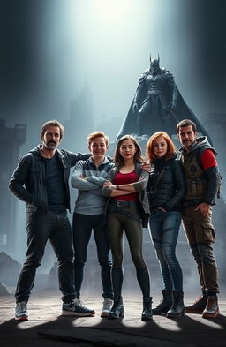 A dynamic scene featuring four friends standing side by side in a confident pose, showcasing their camaraderie and resilience