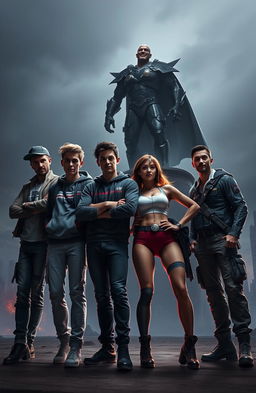 A dynamic scene featuring four friends standing side by side in a confident pose, showcasing their camaraderie and resilience