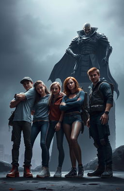A dynamic scene featuring four friends standing side by side in a confident pose, showcasing their camaraderie and resilience