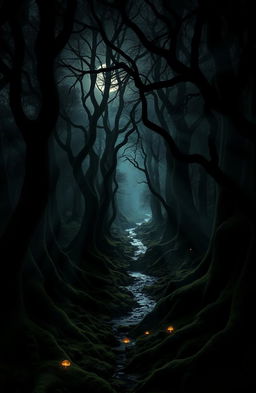 A mysterious and enchanting dark forest, dense with tall, ancient trees whose twisted branches intertwine overhead