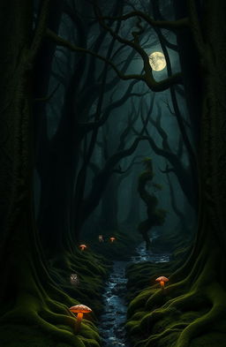 A mysterious and enchanting dark forest, dense with tall, ancient trees whose twisted branches intertwine overhead