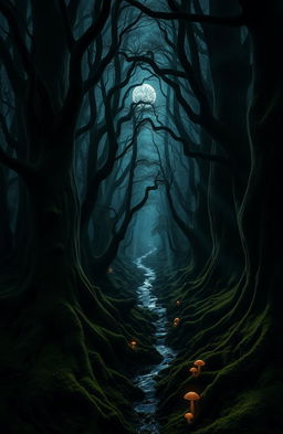 A mysterious and enchanting dark forest, dense with tall, ancient trees whose twisted branches intertwine overhead