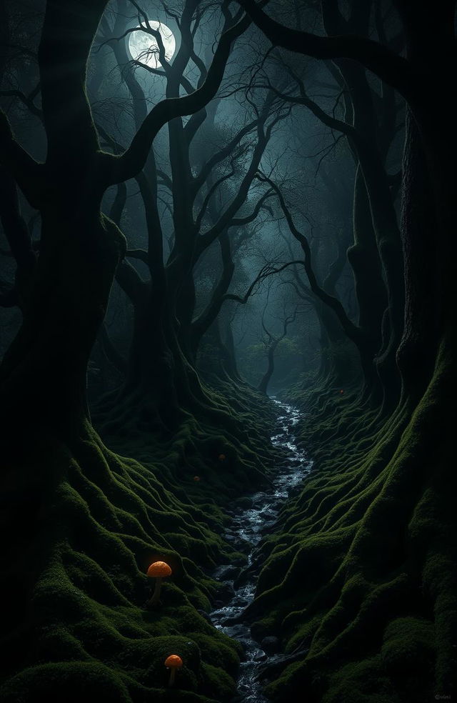 A mysterious and enchanting dark forest, dense with tall, ancient trees whose twisted branches intertwine overhead