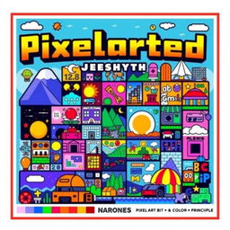A vibrant festival poster titled "Pixelarted" showcasing various pixel art styles and 8-bit principles