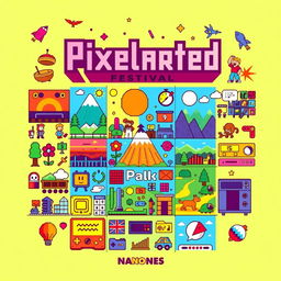 A vibrant festival poster titled "Pixelarted" showcasing various pixel art styles and 8-bit principles