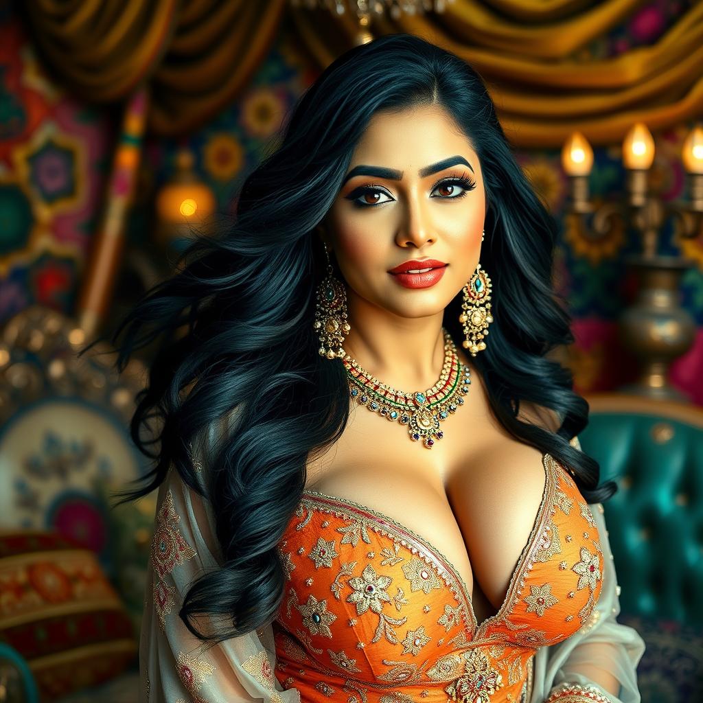 A stunning Indian woman with voluptuous curves, showcasing her big breasts in a dazzling outfit that highlights her figure