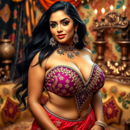 A stunning Indian woman with voluptuous curves, showcasing her big breasts in a dazzling outfit that highlights her figure