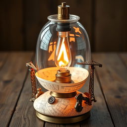 An imaginative oil lamp designed with a civil engineering theme, featuring intricate details like miniature bridges, construction cranes, and blueprints wrapped around the lamp's base