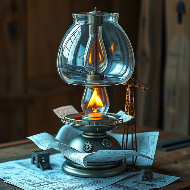 An imaginative oil lamp designed with a civil engineering theme, featuring intricate details like miniature bridges, construction cranes, and blueprints wrapped around the lamp's base