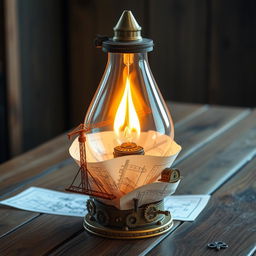 An imaginative oil lamp designed with a civil engineering theme, featuring intricate details like miniature bridges, construction cranes, and blueprints wrapped around the lamp's base