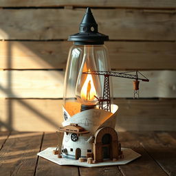 An imaginative oil lamp designed with a civil engineering theme, featuring intricate details like miniature bridges, construction cranes, and blueprints wrapped around the lamp's base