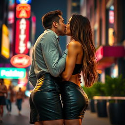 A stylish young woman wearing a sleek black leather skirt, her long hair cascading down her shoulders, is sharing a passionate kiss with an attractive man