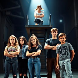 A striking scene featuring two teenage girls and two teenage boys standing confidently side by side, their expressions filled with determination and unity
