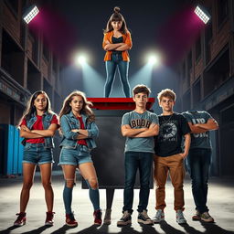 A striking scene featuring two teenage girls and two teenage boys standing confidently side by side, their expressions filled with determination and unity