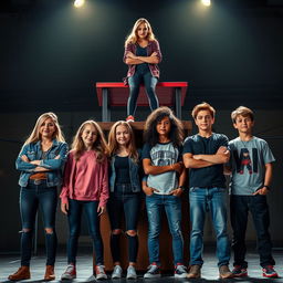 A striking scene featuring two teenage girls and two teenage boys standing confidently side by side, their expressions filled with determination and unity