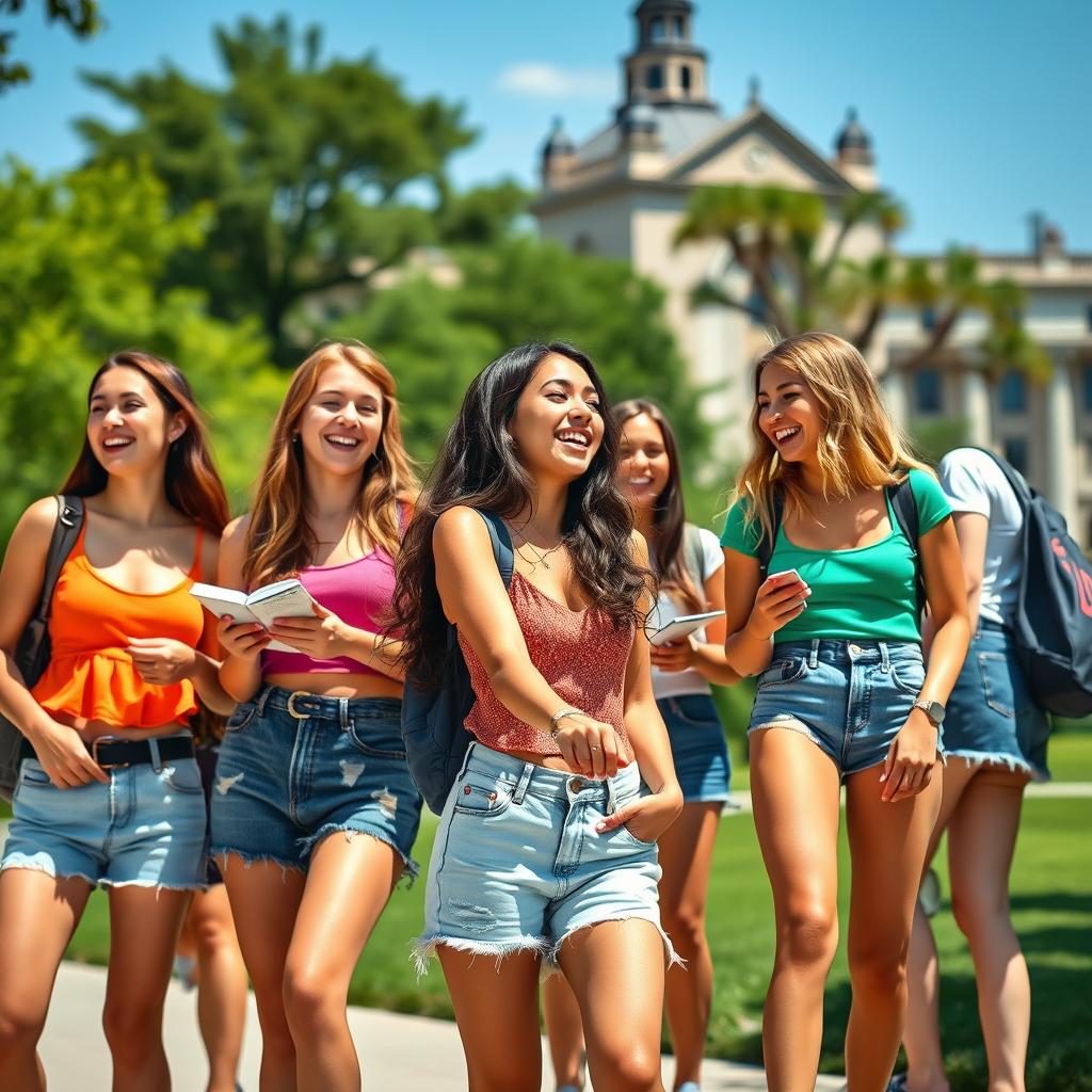 A vibrant college campus scene featuring fashionable college girls wearing stylish jean shorts