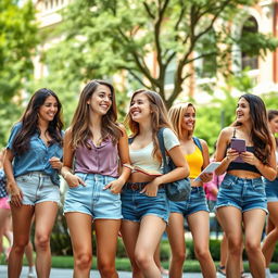 A vibrant college campus scene featuring fashionable college girls wearing stylish jean shorts