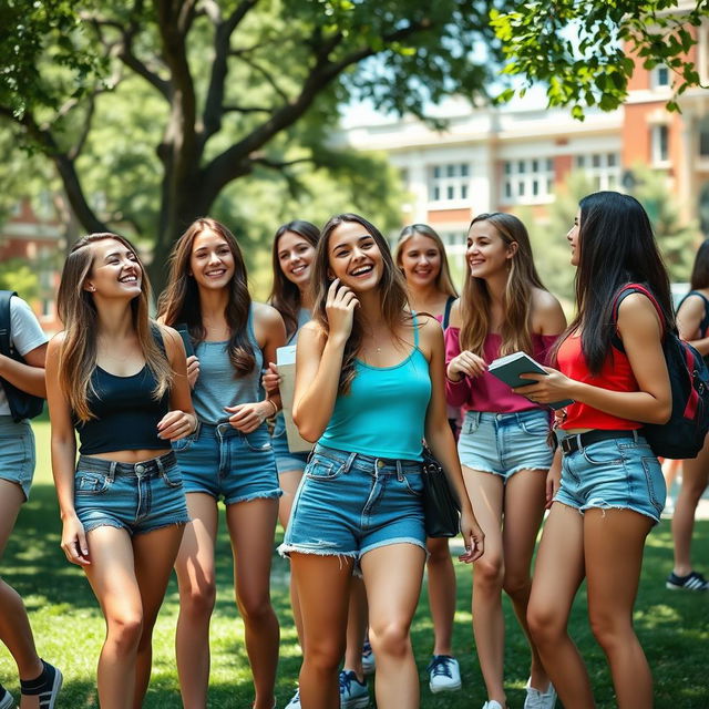 A vibrant college campus scene featuring fashionable college girls wearing stylish jean shorts