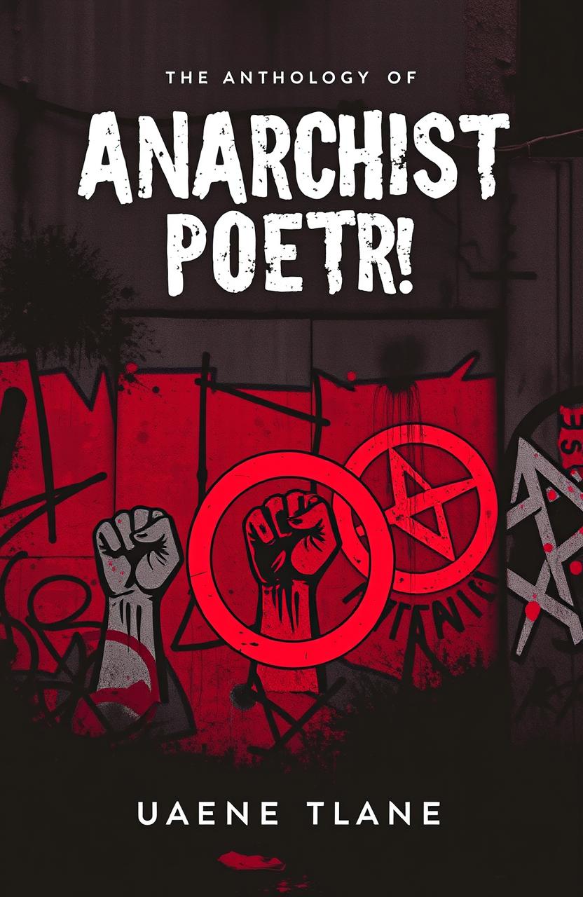 A striking book cover for an anthology of anarchist poetry, featuring a bold, gritty urban backdrop with graffiti art illustrating revolutionary symbols like a raised fist and anarchist star