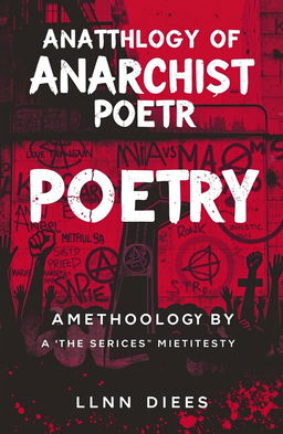 A striking book cover for an anthology of anarchist poetry, featuring a bold, gritty urban backdrop with graffiti art illustrating revolutionary symbols like a raised fist and anarchist star