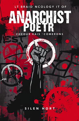 A striking book cover for an anthology of anarchist poetry, featuring a bold, gritty urban backdrop with graffiti art illustrating revolutionary symbols like a raised fist and anarchist star
