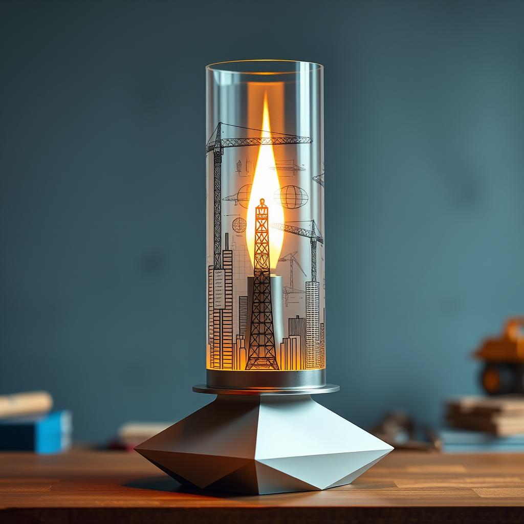 An innovative oil lamp design inspired by civil engineering, showcasing intricate architectural elements such as bridges, skyscrapers, and cranes