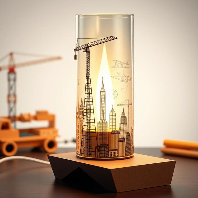 An innovative oil lamp design inspired by civil engineering, showcasing intricate architectural elements such as bridges, skyscrapers, and cranes