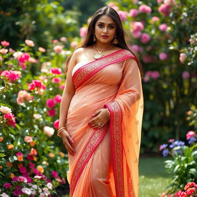 A voluptuous Indian woman with big breasts wearing a beautifully draped, transparent saree that gently reveals her curves