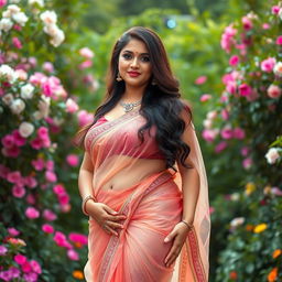 A voluptuous Indian woman with big breasts wearing a beautifully draped, transparent saree that gently reveals her curves