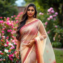 A voluptuous Indian woman with big breasts wearing a beautifully draped, transparent saree that gently reveals her curves