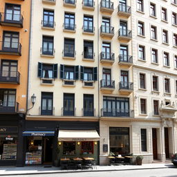 The left side of a 9-story building resembling the architectural style of the Eixample district in Barcelona