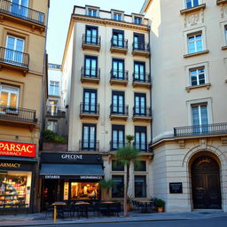 The left side of a 9-story building resembling the architectural style of the Eixample district in Barcelona