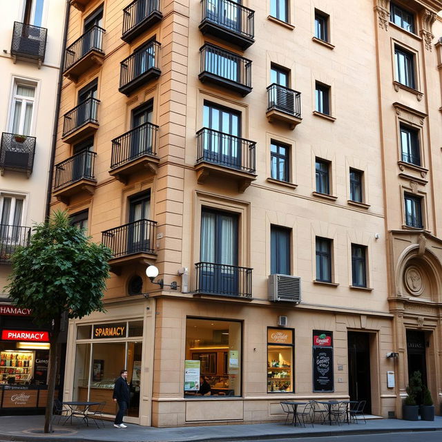 The left side of a 9-story building resembling the architectural style of the Eixample district in Barcelona