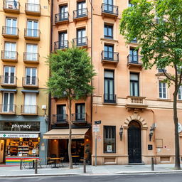 The left side of a 9-story building resembling the architectural style of the Eixample district in Barcelona