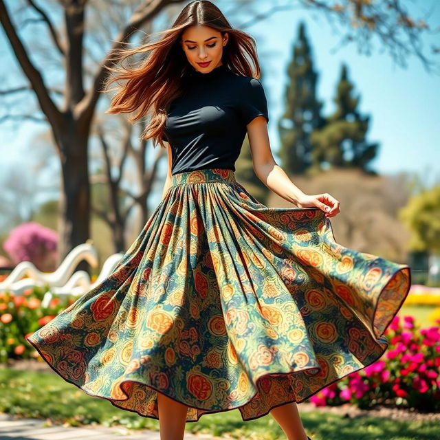 A fashionable and elegant skirt worn by a stylish woman in a beautiful outdoor setting