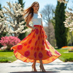 A fashionable and elegant skirt worn by a stylish woman in a beautiful outdoor setting