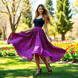 A fashionable and elegant skirt worn by a stylish woman in a beautiful outdoor setting