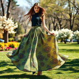 A fashionable and elegant skirt worn by a stylish woman in a beautiful outdoor setting