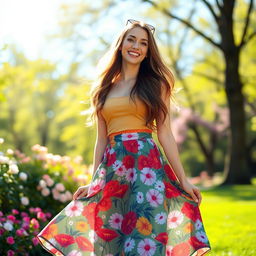A fashionable woman wearing a stylish, flowy skirt in a vibrant floral pattern, standing in a sunny park surrounded by blooming flowers and lush greenery